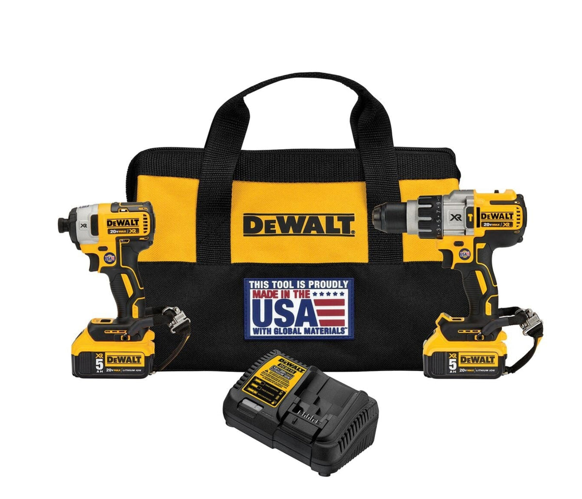 DeWalt cordless power tool kit with a black and yellow carrying bag, hammer drill, impact driver, drill driver, charger, and text listing included items on a white background.