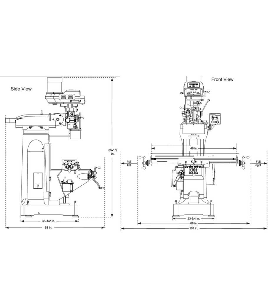 JET Elite ETM-949 Mill with 2-Axis Newall DP700 DRO and X-Axis JET Powerfeed and USA Made Air Draw Bar - 894153
