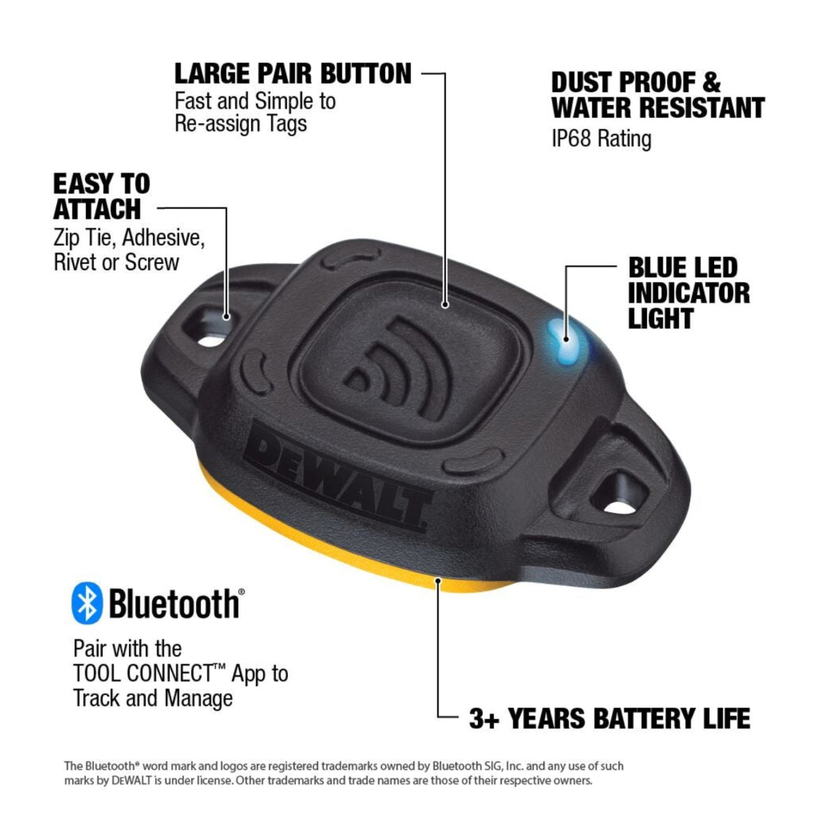 A black and yellow Tool Connect Bluetooth tracking device with callout lines and text labels explaining features like a large pair button, dust proof rating, blue LED indicator light, and Bluetooth app compatibility, on a white background.