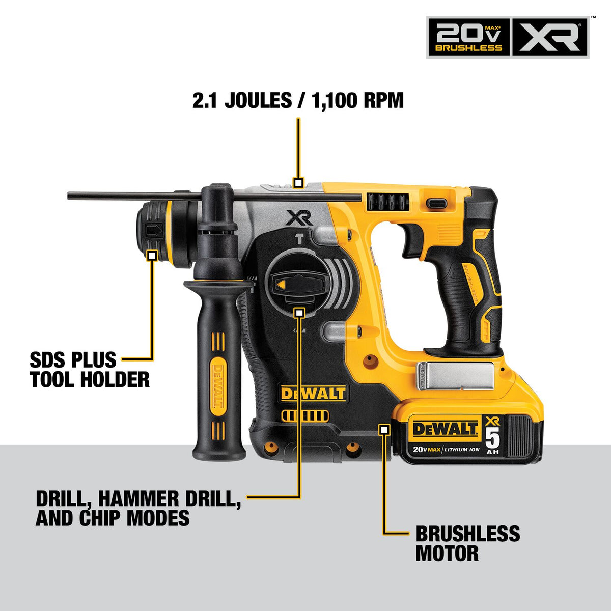 DeWALT 20 V MAX Brushless SDS 3 Mode 1-in Rotary Hammer DCH273P2
