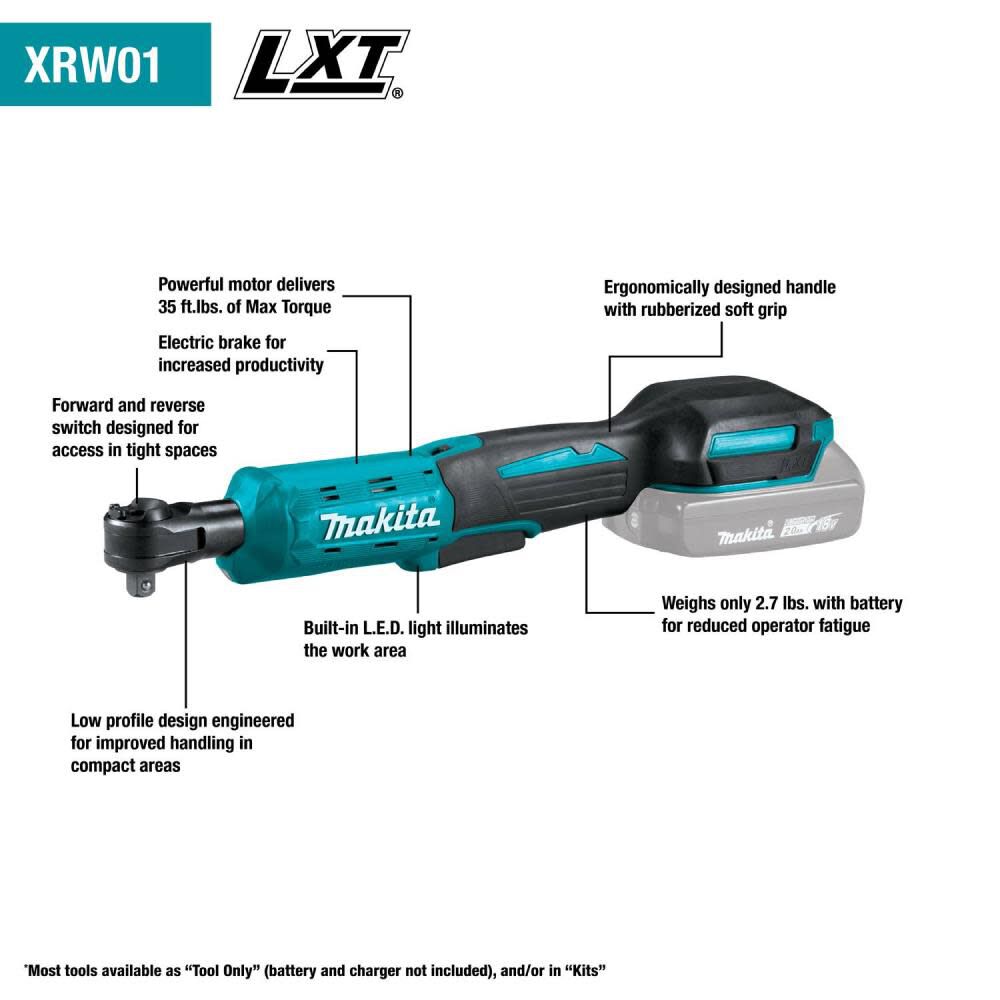 Makita XRW01Z 18V LXT Lithium-Ion Cordless 3/8" / 1/4" Sq. Drive Ratchet