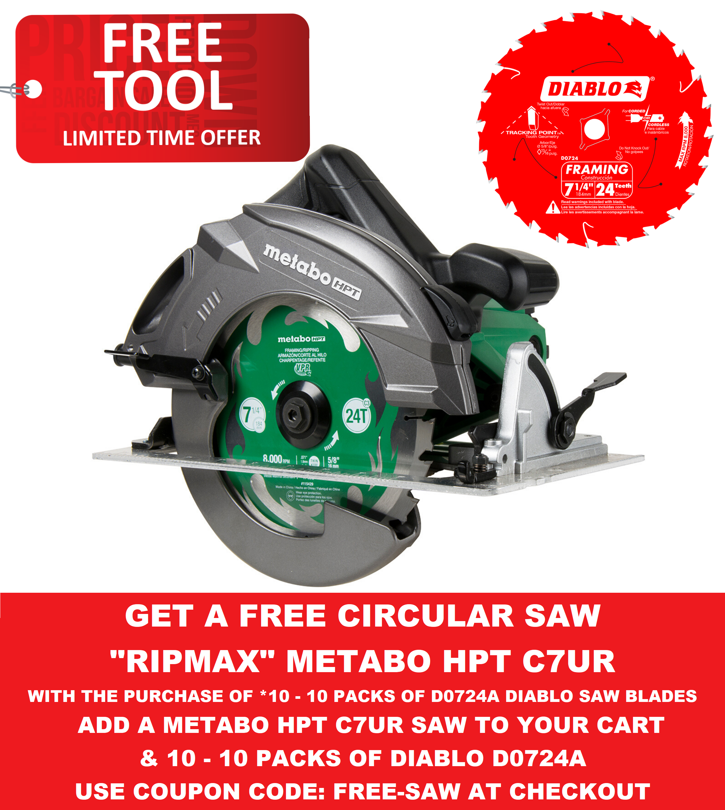 Metabo 7-1/4" Ripmax Pro Grade 15 Amp 6800 rpm Circular Saw C7URM