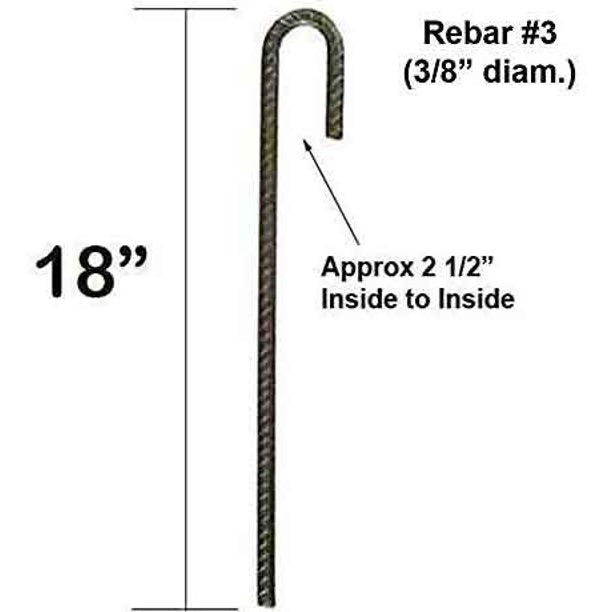 18" Steel Rebar Ground Stake J Hook Heavy Duty #3 Hard Firm Soil Set
