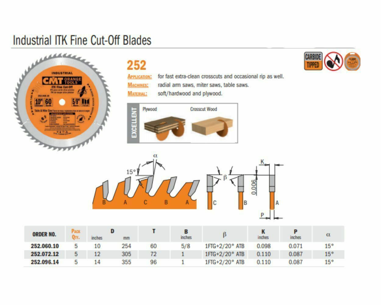 CMT 252.060.10 1FTG+2ATB ( Original design ) ITK Industrial Fine Cut-Off Saw Blade, 10 in x 60T with 5/8-Inch Bore