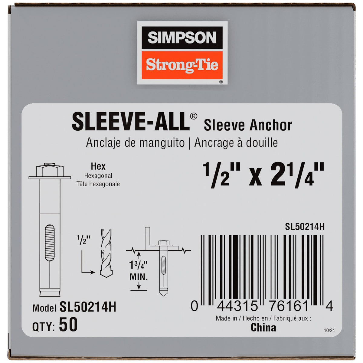Simpson 1/2" x 2-1/4" Hex-Head Sleeve-All Anchor SL50214H
