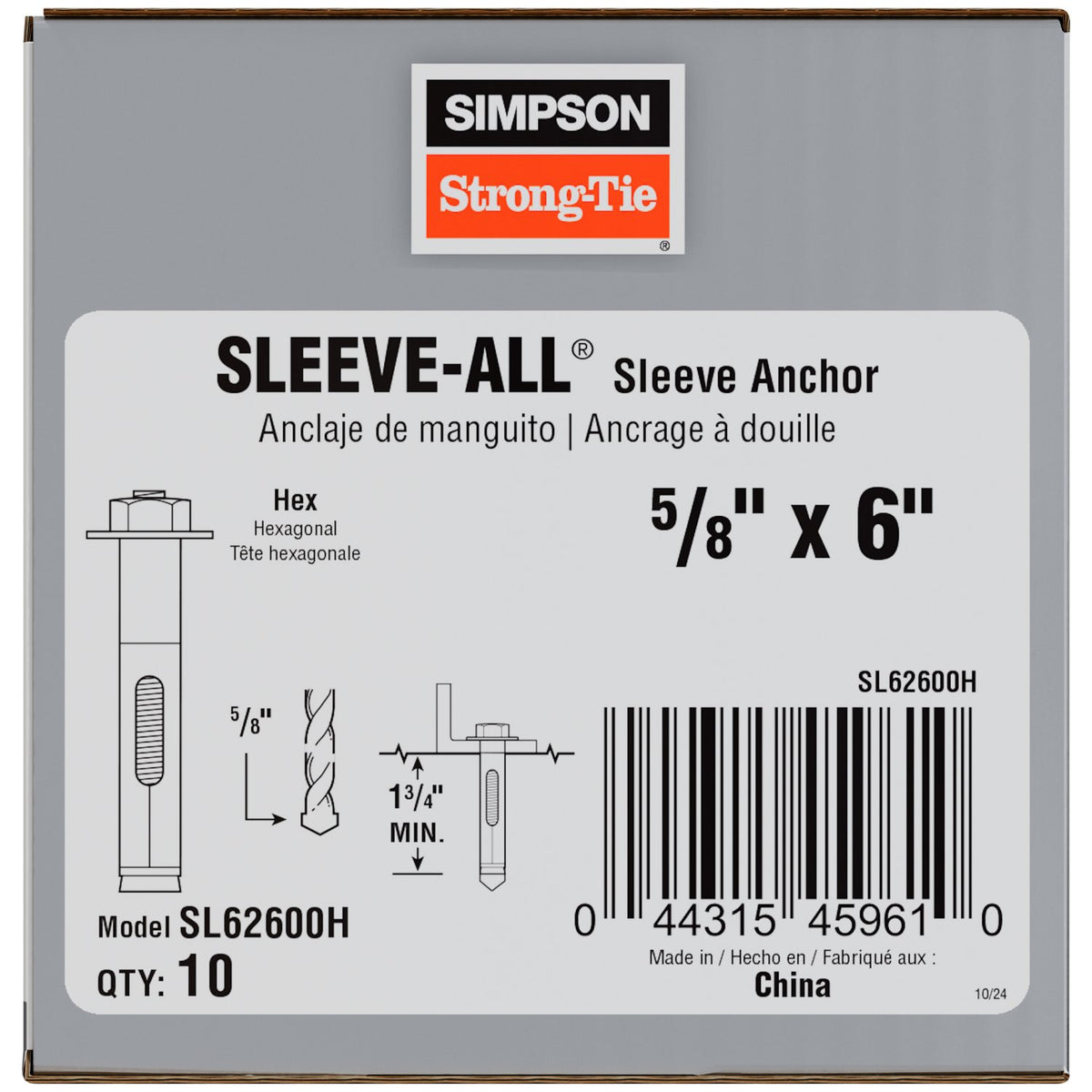 Simpson 5/8" x 6" Hex-Head Sleeve-All Anchor SL62600H