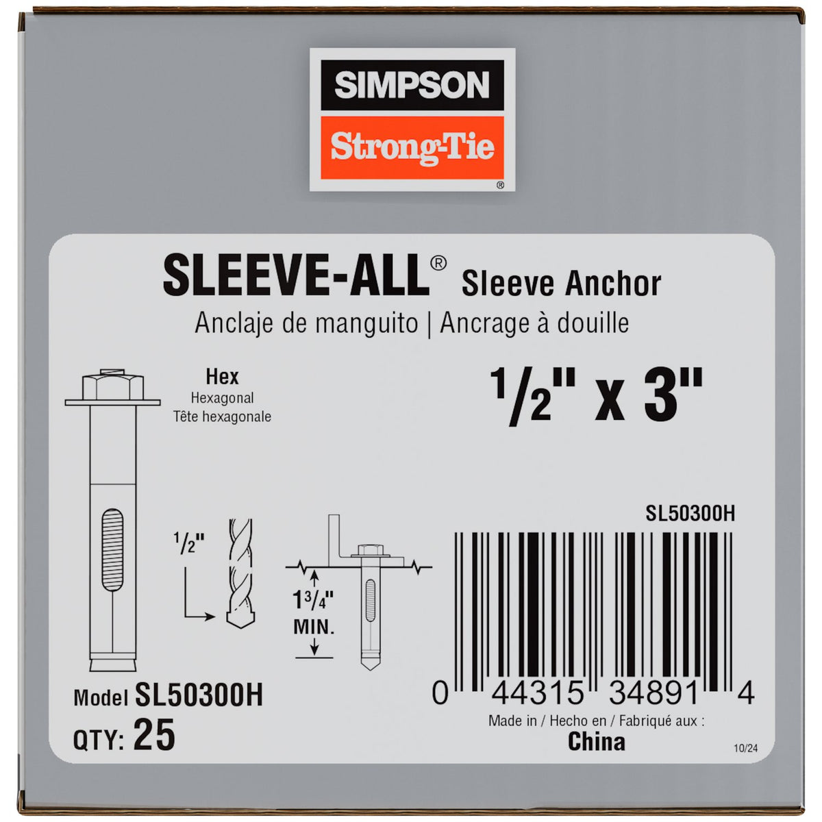 Simpson 1/2" x 3" Hex-Head Sleeve-All Anchor SL50300H