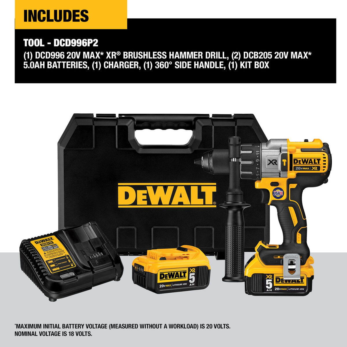 DeWALT 20 V MAX XR Cordless 3-Speed Hammer Drill/Driver Kit DCD996P2